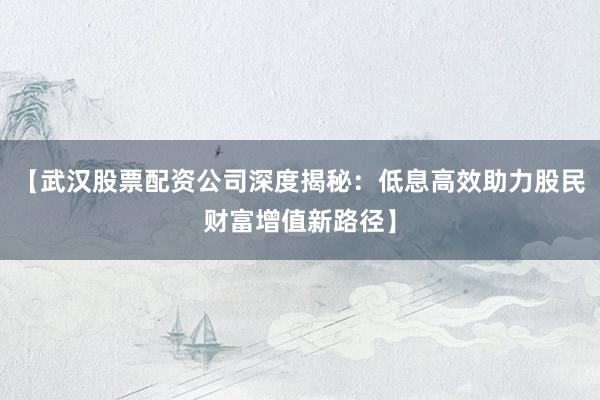 【武汉股票配资公司深度揭秘：低息高效助力股民财富增值新路径】